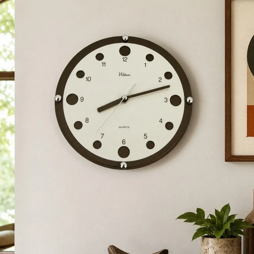 Waltham Quartz Wall Clock Round Cream Brown Modern Minimalist Analog Timepiece